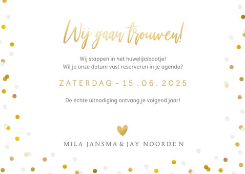 Save the Date kaart met grote eigen foto en confetti kader 3