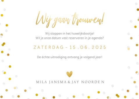 Save the Date kaart met grote eigen foto en confetti kader 3