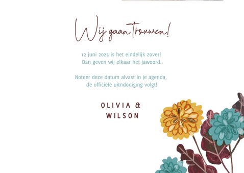 Save the Date kaart mosterd geel en blauwe bloemen 3