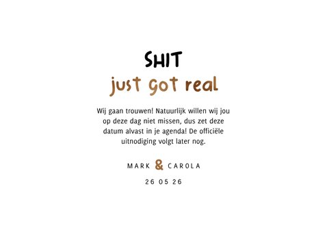 Save the date kaart shit just got real met drollen 3