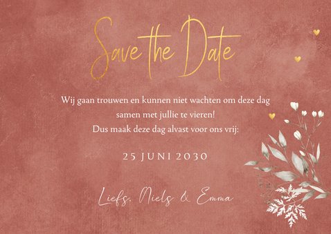 Save the Date kaart terracotta floral hartjes 3