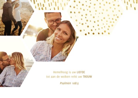 Save the date kaart zeshoek fotocollage met gouden confetti 2