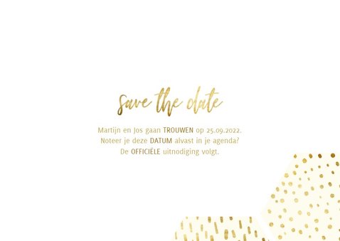 Save the date kaart zeshoek fotocollage met gouden confetti 3