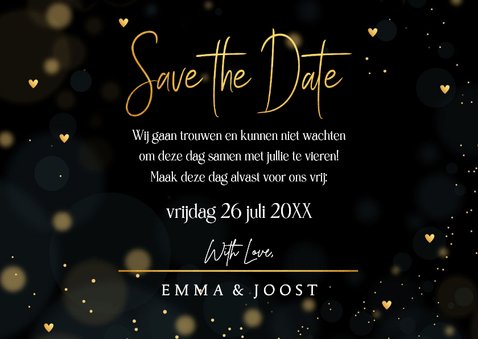 Save the Date kaart zwart goudlook hartjes 3