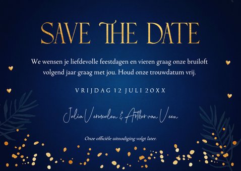 Save the Date kerstkaart blauw lampjes goudlook confetti 3