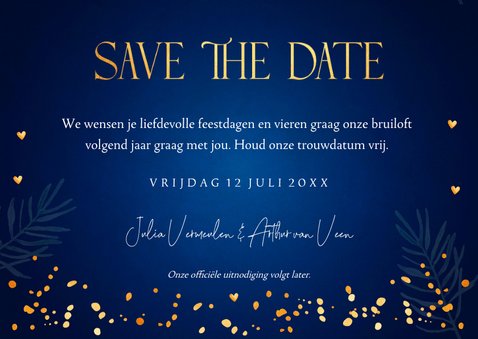 Save the Date kerstkaart blauw lampjes goudlook confetti 3