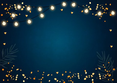 Save the Date kerstkaart blauw lampjes goudlook confetti Achterkant