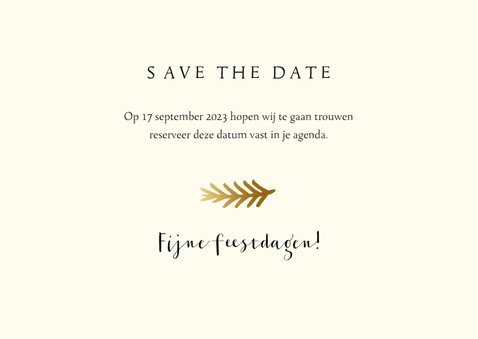 Save the date kerstkaart met foto en gouden takje 3