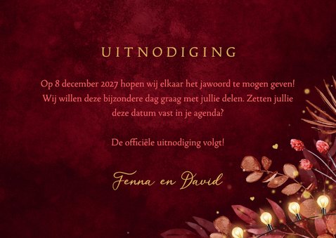 Save the date trouwkaart winter romantisch rood goud hartjes 3