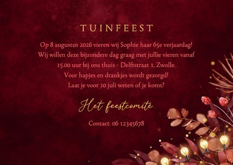 Save the date uitnodiging tuinfeest lampjes rood goud 3