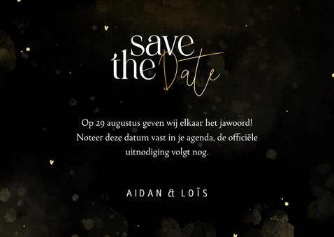 Save the date zwart met goud hartjes en waterverf 3