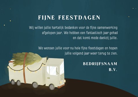 Sfeervolle kerstkaart zakelijk met vrachtwagen in de nacht 3