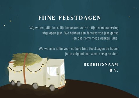 Sfeervolle kerstkaart zakelijk met vrachtwagen in de nacht 3