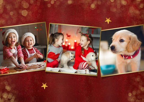 Sfeervolle rode kerst fotokaart met 3 foto's en gouden tekst 2