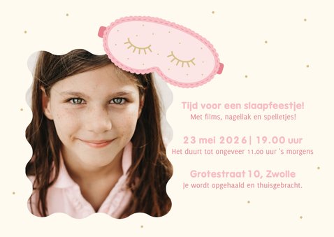 Slaapfeestje uitnodiging met foto en slaapmasker 2