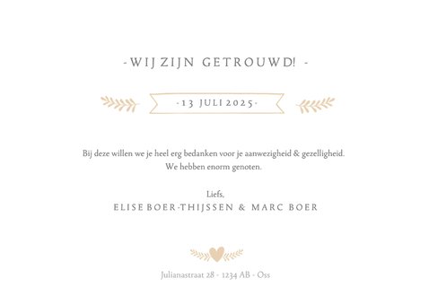 Stijlvol bedankkaartje huwelijk met 1 grote foto en namen 3