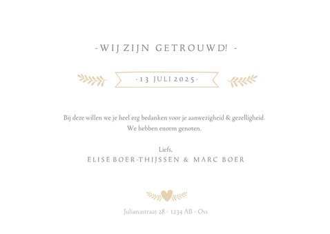 Stijlvol bedankkaartje huwelijk met 1 grote foto en namen 3