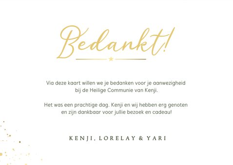 Stijlvol donkergroen bedankkaartje communie met 3 foto's 3