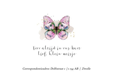 Stijlvol rouwkaartje baby vlinder waterverf roze foto hart 2