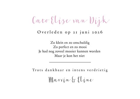 Stijlvol rouwkaartje baby vlinder waterverf roze foto hart 3