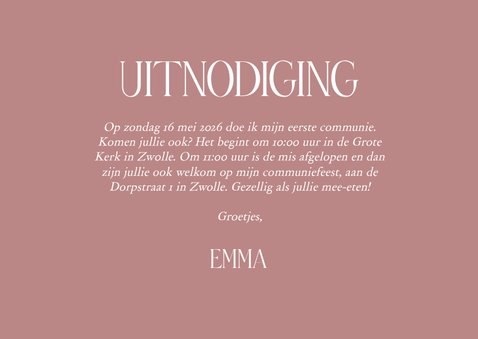 Stijlvol roze fotocollage kaartje voor communie met bogen 3