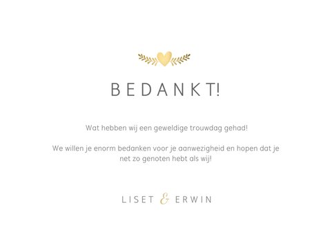 Stijlvolle bedankaart huwelijk - wit met 3 foto's en goud 3