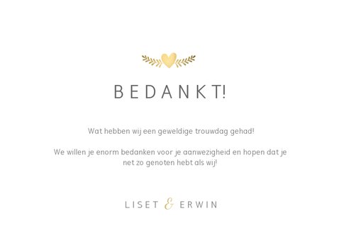 Stijlvolle bedankaart huwelijk - wit met 3 foto's en goud 3