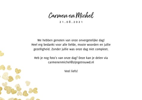 Stijlvolle bedankkaart met gouden hartjes en foto's 3