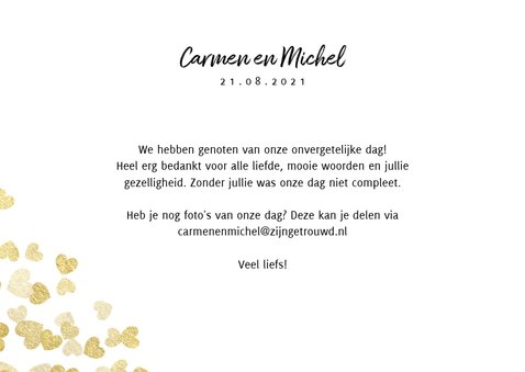 Stijlvolle bedankkaart met gouden hartjes en foto's 3