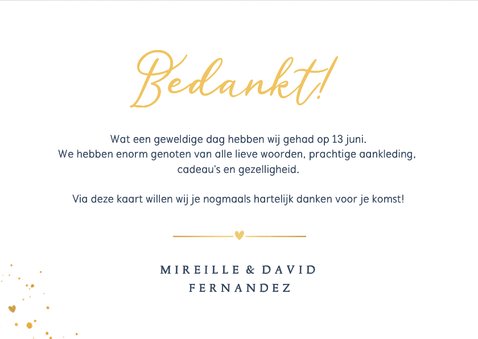 Stijlvolle blauwe bedankkaart trouwdag met gouden spetters 3