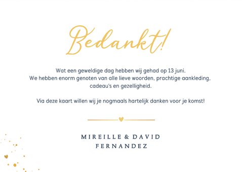 Stijlvolle blauwe bedankkaart trouwdag met gouden spetters 3