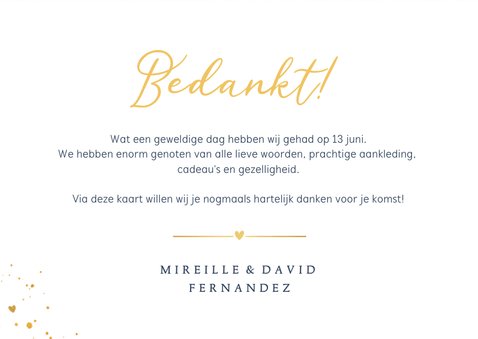 Stijlvolle blauwe bedankkaart trouwdag met gouden spetters 3