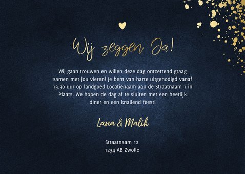 Stijlvolle blauwe tijdlijn trouwkaart goud met spetters 3