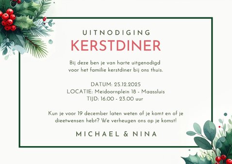 Stijlvolle botanische uitnodiging kerstdiner met takjes 3