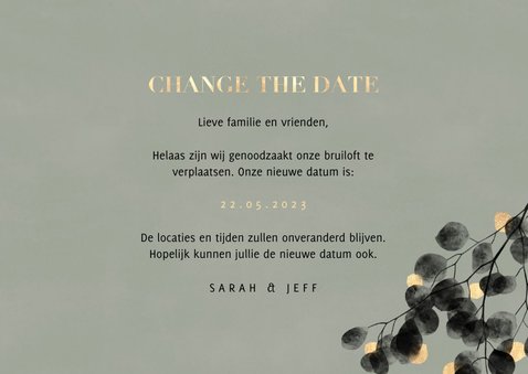 Stijlvolle change the date kaart zwarte eucalyptus en hartje 3