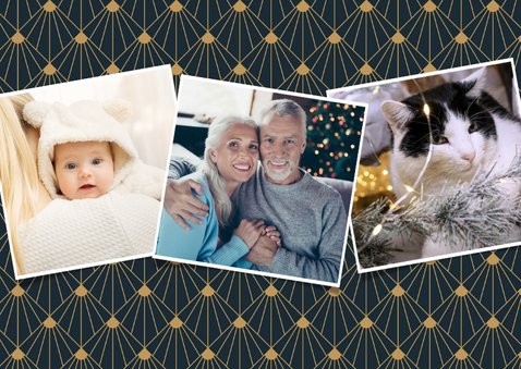Stijlvolle donkerblauwe art-deco kerstkaart met 3 foto's 2