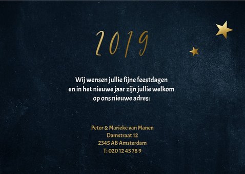 Stijlvolle donkerblauwe kerst verhuiskaart met gouden tekst 3