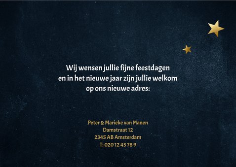 Stijlvolle donkerblauwe kerst verhuiskaart met gouden tekst 3