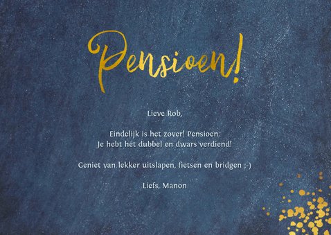 Stijlvolle felicitatiekaart pensioen - man - blauw met goud 3