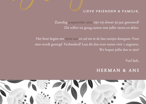 Stijlvolle jubileum uitnodiging 50 jaar met witte bloemen 3