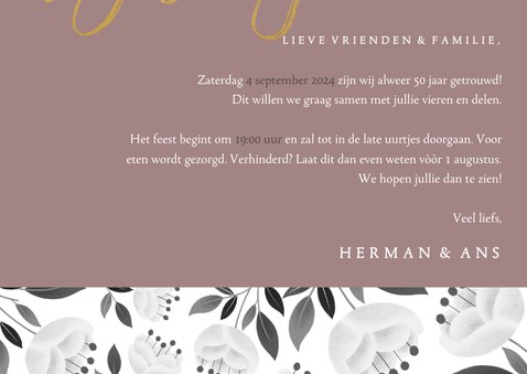 Stijlvolle jubileum uitnodiging 50 jaar met witte bloemen 3
