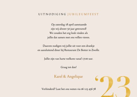 Stijlvolle jubileum uitnodiging met foto's en goudlook 3