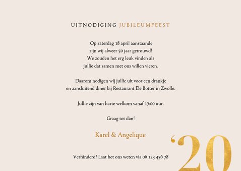 Stijlvolle jubileum uitnodiging met foto's en goudlook 3
