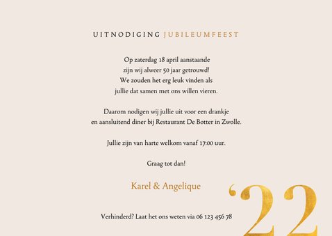 Stijlvolle jubileum uitnodiging met foto's en goudlook 3