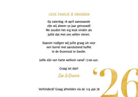 Stijlvolle jubileumkaart, gouden cijfers en grote foto 3