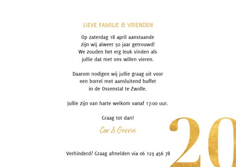 Stijlvolle jubileumkaart, gouden cijfers en grote foto 3