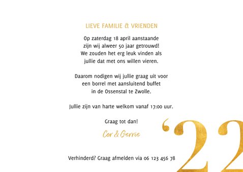 Stijlvolle jubileumkaart, gouden cijfers en grote foto 3