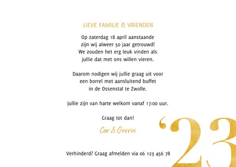 Stijlvolle jubileumkaart, gouden cijfers en grote foto 3