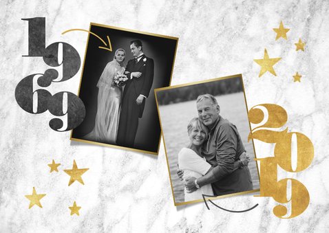 Stijlvolle jubileumkaart met jaartallen, marmer en foto's 2