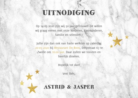 Stijlvolle jubileumkaart met jaartallen, marmer en foto's 3